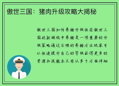傲世三国：猪肉升级攻略大揭秘